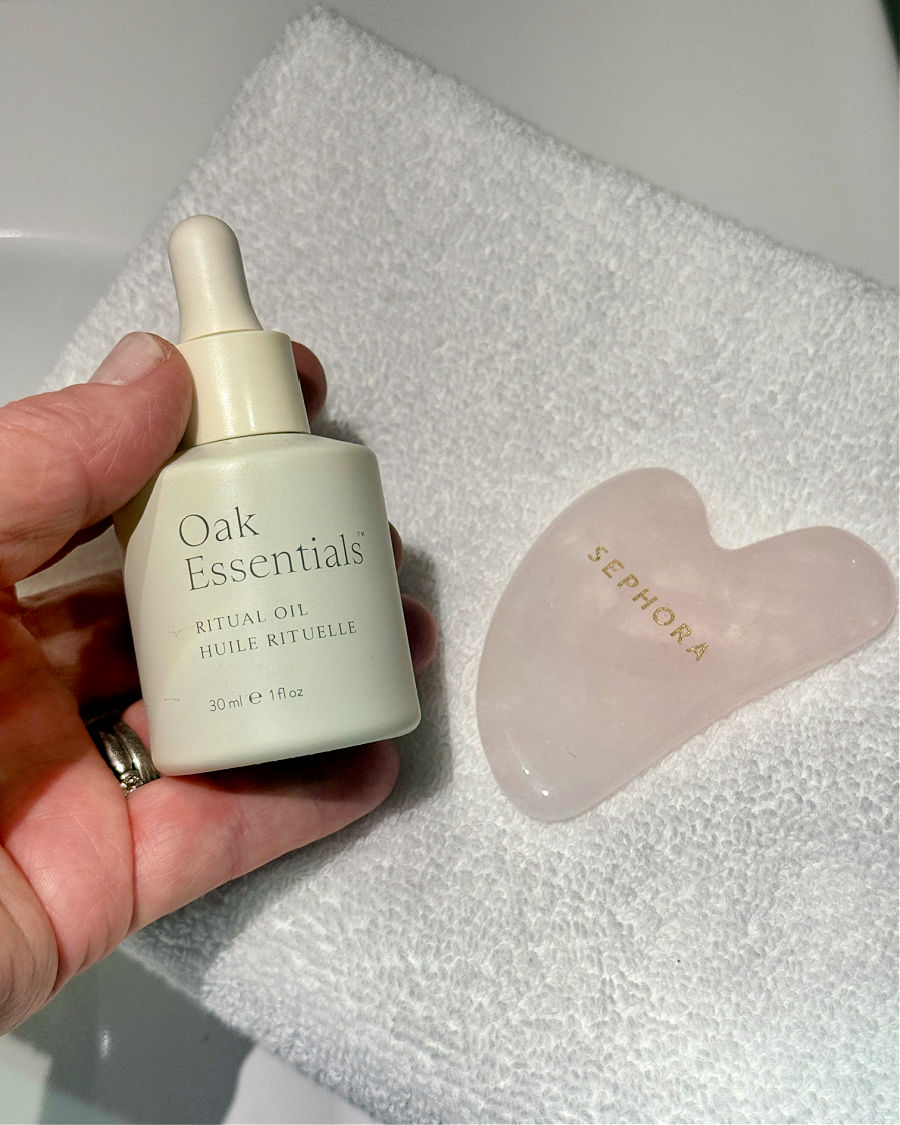 Oak Essentials Ritual Blue Tansy Oil dropper bottle with Gua Sha tool