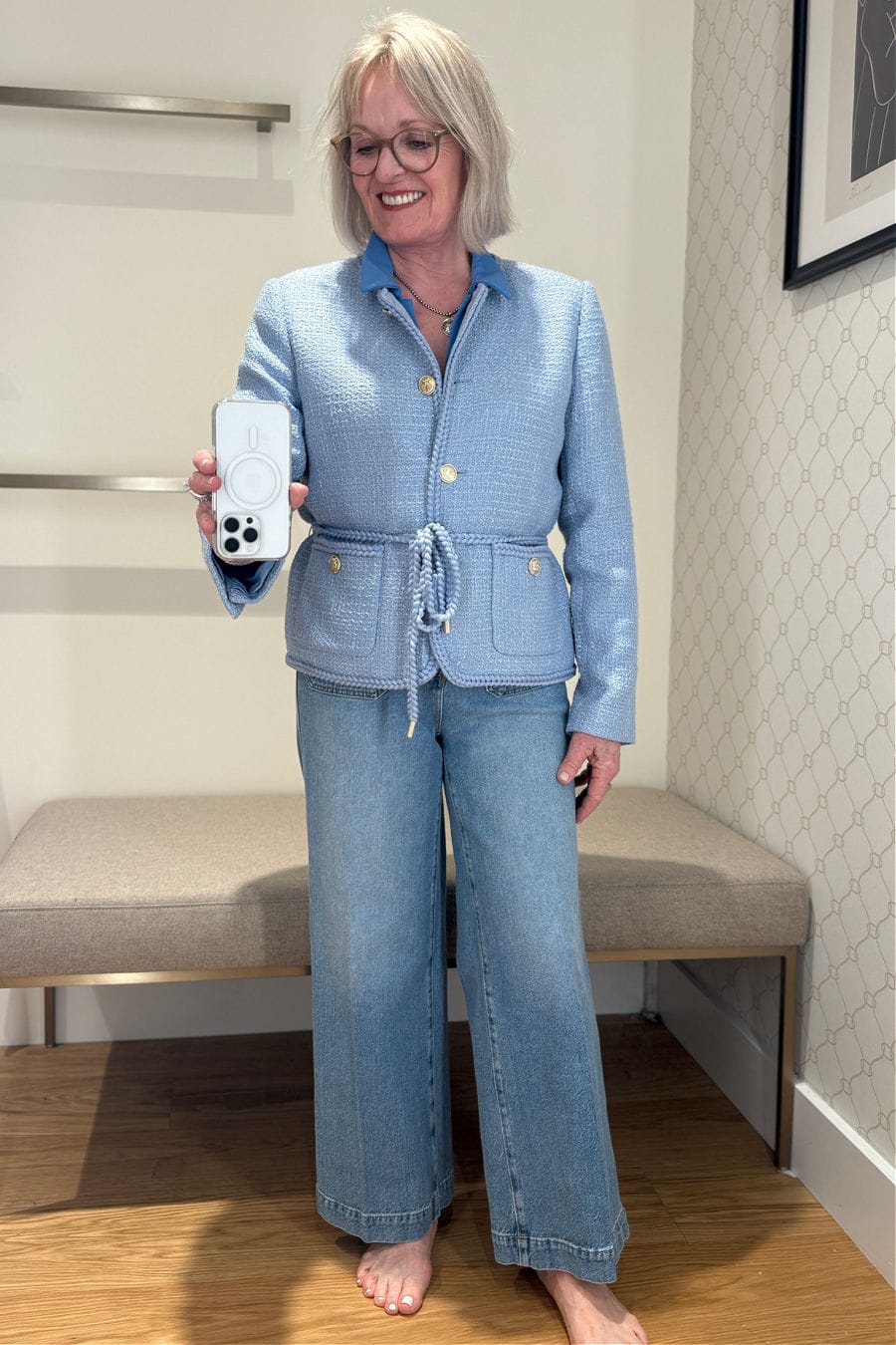 woman wearing blue tweed blazer from ann taylor