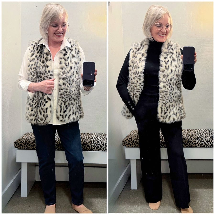 Winter 2025 faux fur try-on from Chico's with vests and jackets to dress up or down.