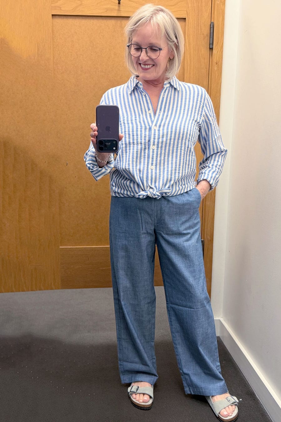 J.Crew Factory cotton striped shirt and chambray pants from spring 2026 collection.