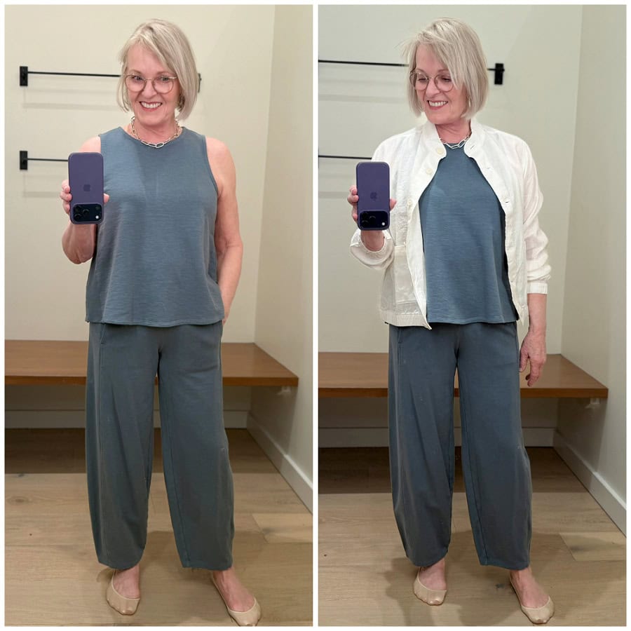 soft terry lantern pants and tank with linen jacket from eileen fisher 2026