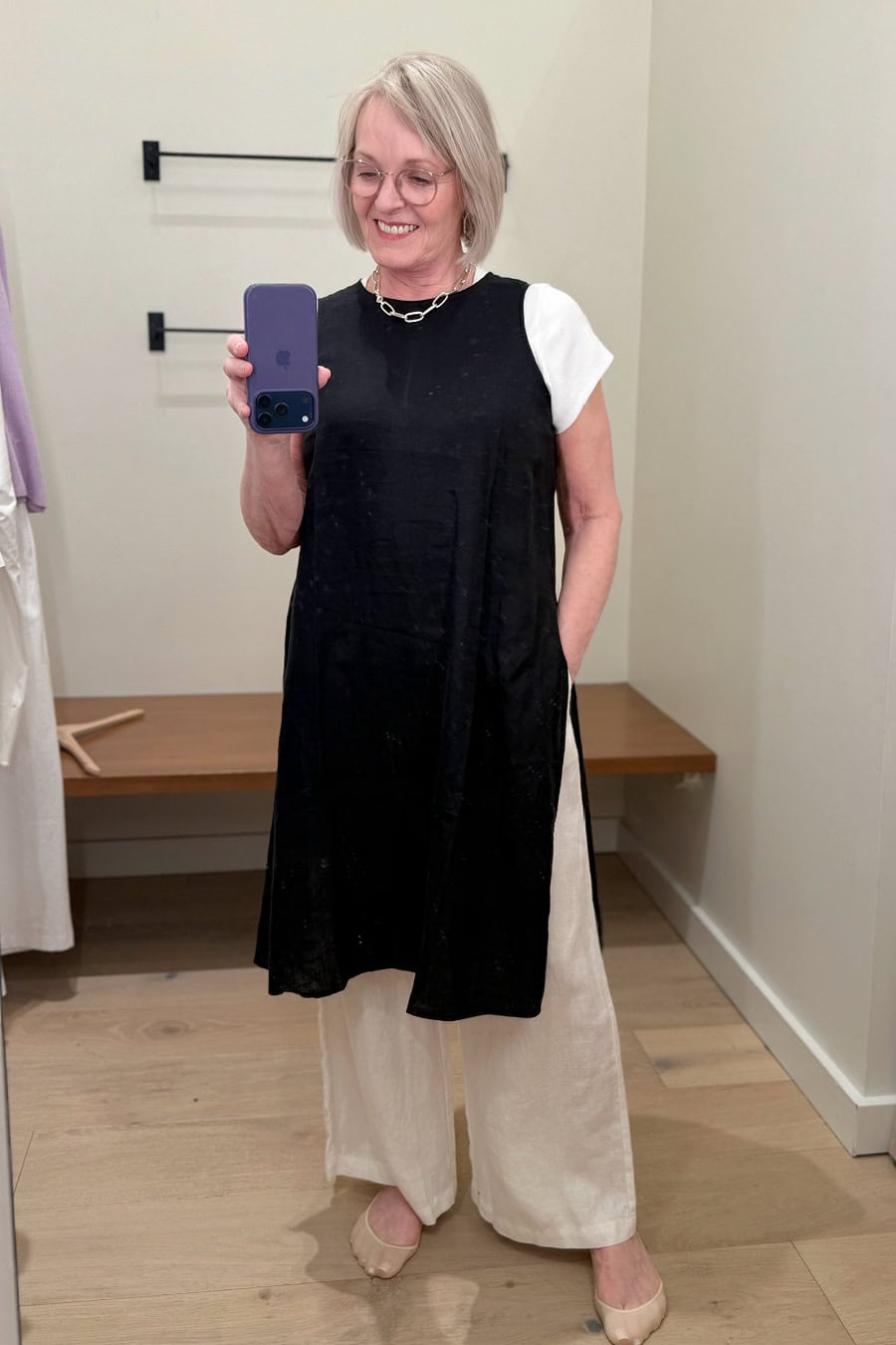 linen shell over coton tee and wide leg linen pants from eileen fisher spring 2026 collection