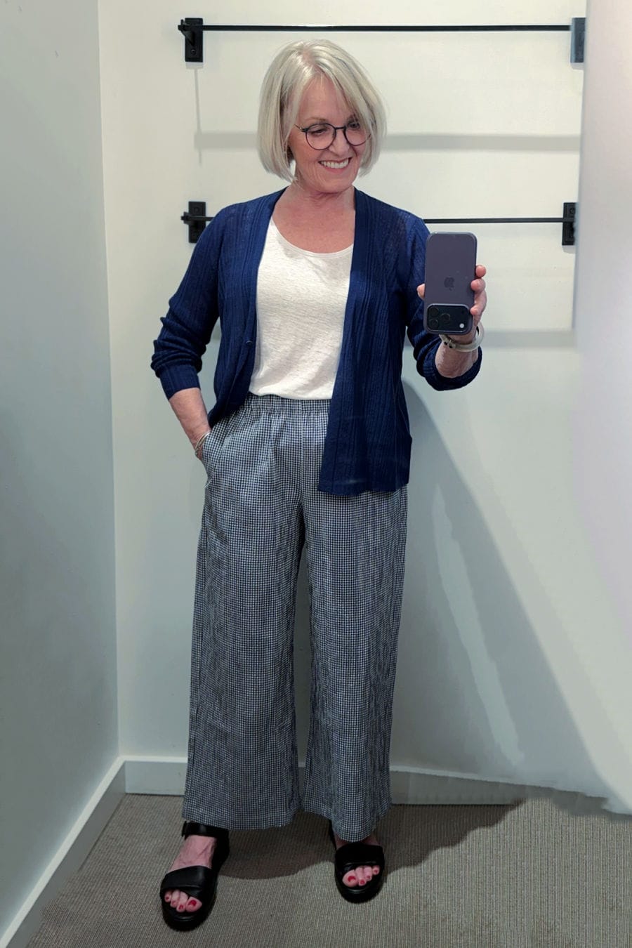 blue and white plaid cotton pucker check pants with linen cardigan and linen tank on jennifer connolly froom a well styled life