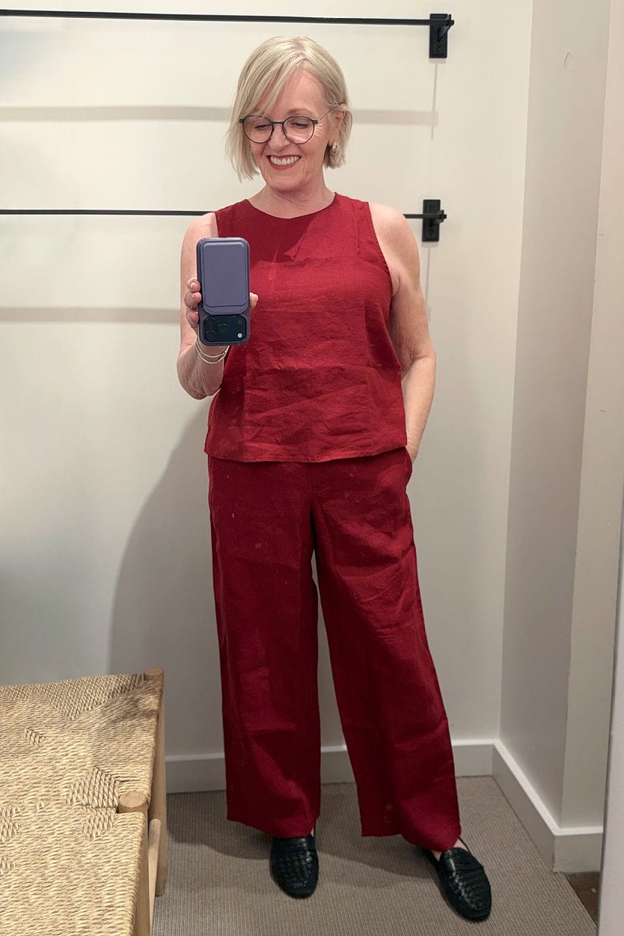 tomato red linen top and pants from eileen fisher summer 2026 collection