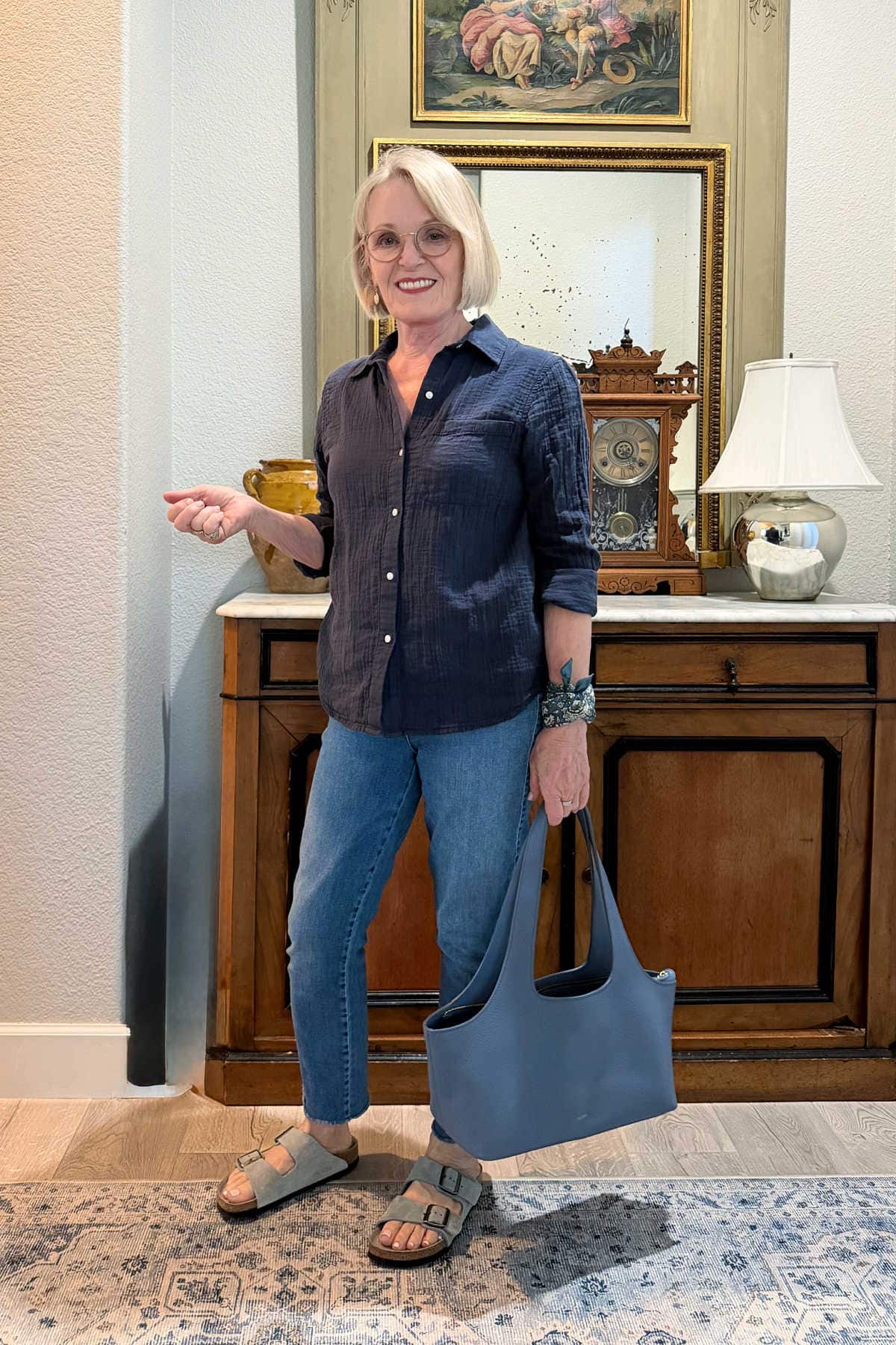 jennifer connolly from a well styled life wearing quince shirt with frank & eileen jeans that works for her real life over 50