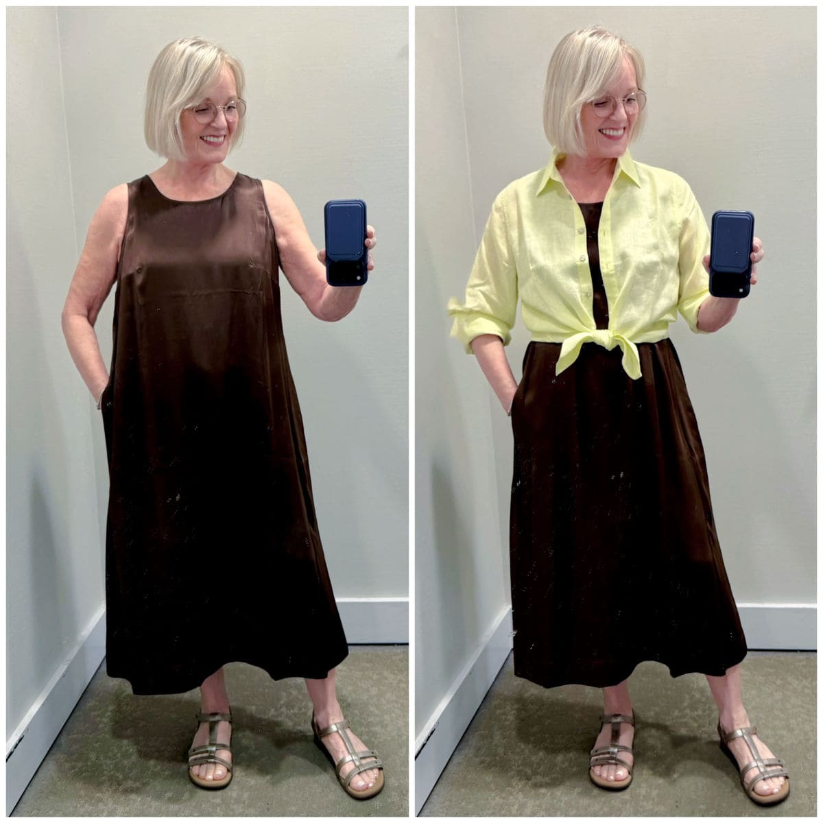 Jennifer Connolly styling a chocolate brown sleeveless maxi dress two ways, worn alone and layered with a light yellow linen shirt.